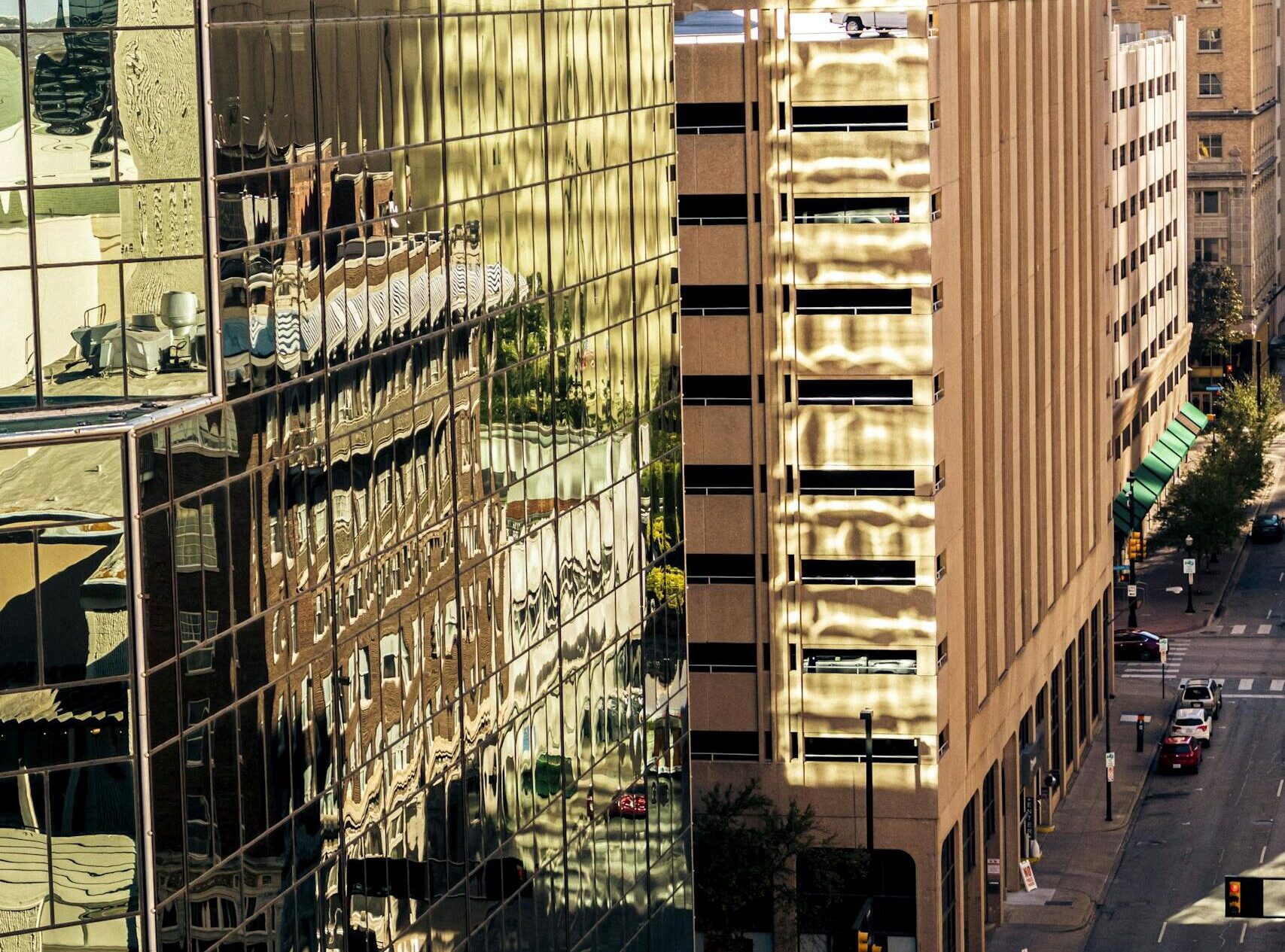 A view of skyscrapers and reflections in downtown Fort Worth, Texas.