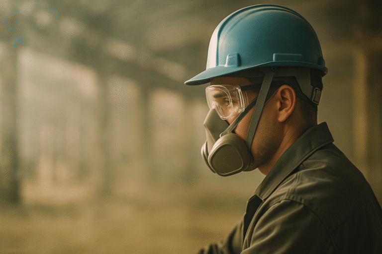 Industrial worker in protective gear standing inside a dusty factory, symbolizing asbestos exposure and legal claims.