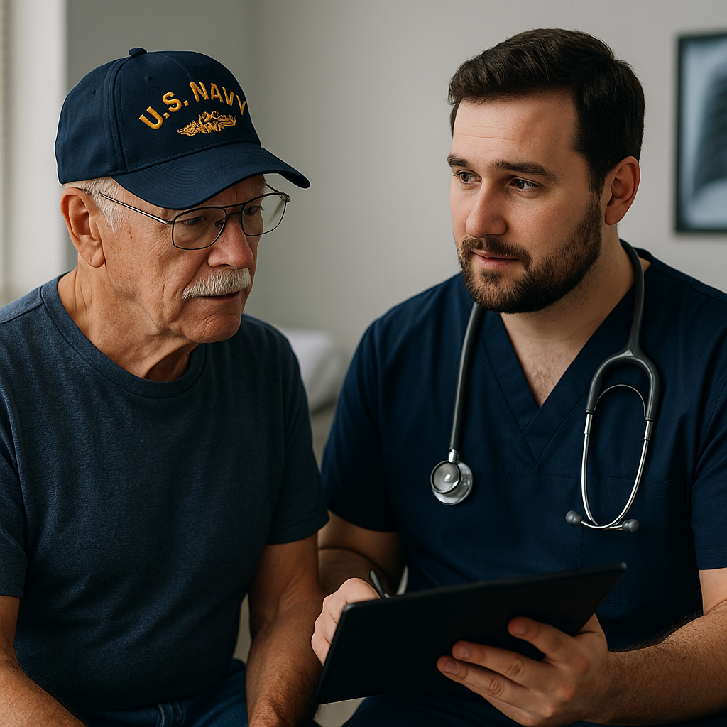 U.S. Navy veteran consulting with a doctor about mesothelioma symptoms from asbestos exposure
