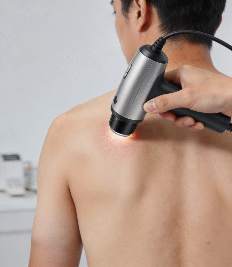 Dermatologist examining skin lesions on a patient's back during evaluation for cutaneous T-cell lymphoma (CTCL) after Dupixent use